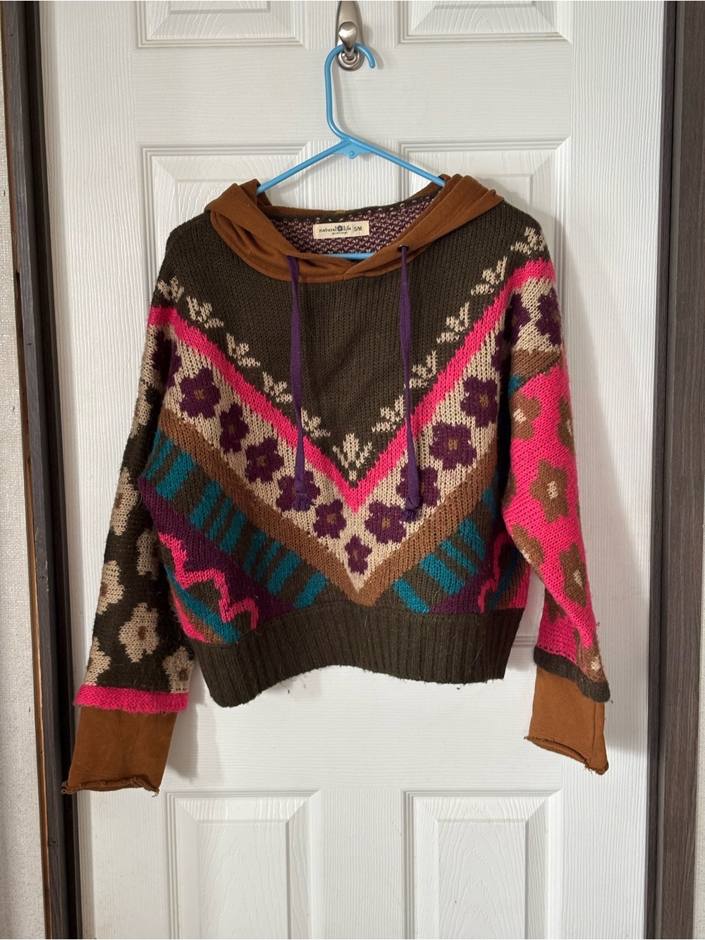 NATURAL LIFE Olive, Pink & Brown Hooded Floral-Geo Knit Sweater